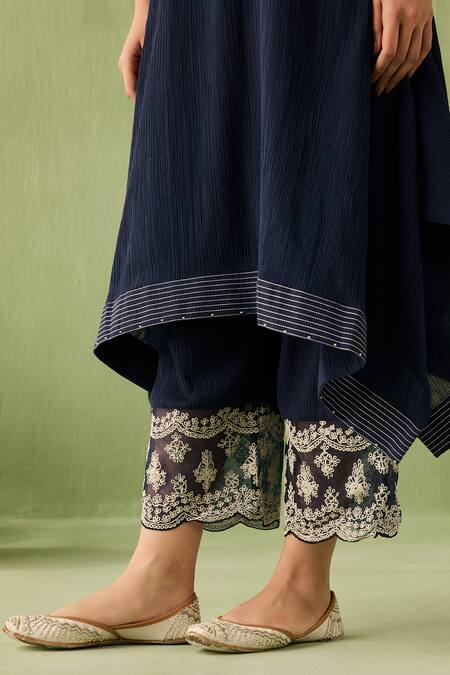 Sureena Chowdhri Blue Organza, Cotton Beads, Embroidery V-neck Waterfall Hemline Kurta Set at Aza Fashions Sureena Chowdhri_Blue Organza, Cotton Beads, Embroidery V-neck Waterfall Hemline Kurta Set_at_Aza_Fashions