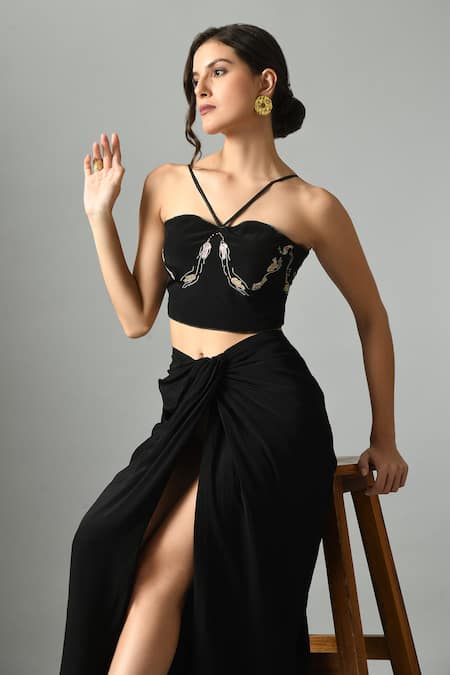 Shop_Fishcanfly_Black Crepe Silk Embroidery Zari Thread Halter Neck Nur Bustier _Online_at_Aza_Fashions