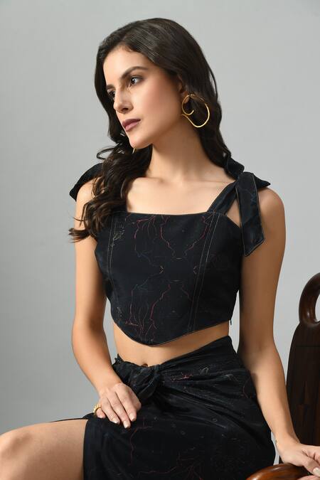 Fishcanfly_Blue Crepe Silk Printed Abstract Square Neck Alice In Wondersea Pattern Bustier _Online_at_Aza_Fashions