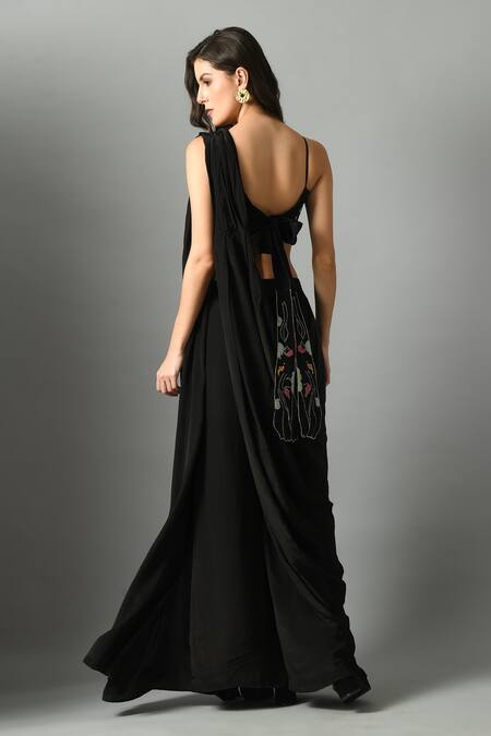 Shop_Fishcanfly_Black Crepe, Silk Moonshine Pre-draped Saree _Online_at_Aza_Fashions