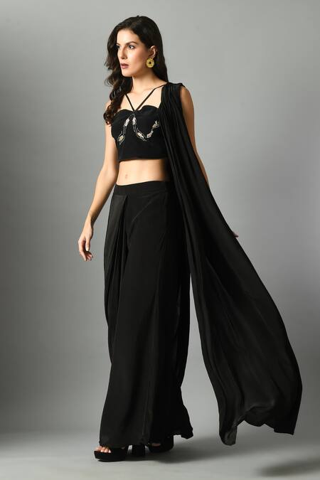 Fishcanfly_Black Crepe, Silk Moonshine Pre-draped Saree _at_Aza_Fashions