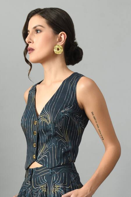 Fishcanfly_Blue Linen Printed Wave V Neck Wondersea Waistcoat _Online_at_Aza_Fashions