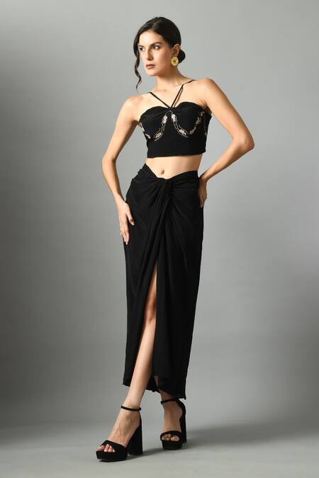 Fishcanfly_Black Crepe Plain Moonshine Draped Skirt _Online_at_Aza_Fashions