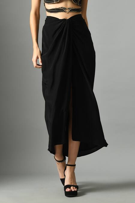 Fishcanfly Black Crepe Plain Moonshine Draped Skirt at Aza Fashions Fishcanfly_Black Crepe Plain Moonshine Draped Skirt _at_Aza_Fashions