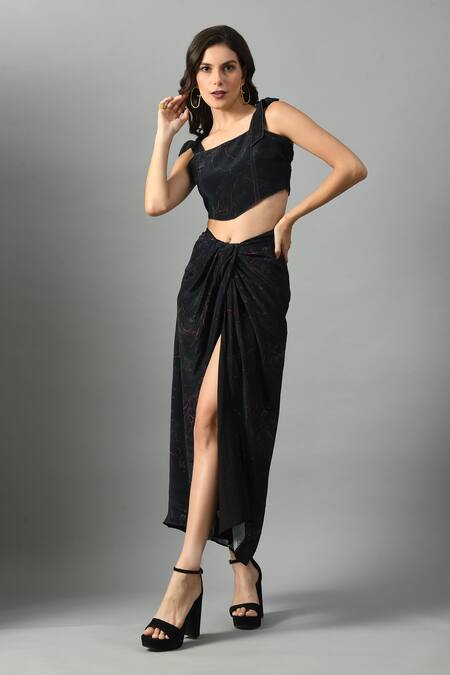 Shop_Fishcanfly_Black Crepe Printed Abstract Alice In Wondersea Pattern Draped Skirt _Online_at_Aza_Fashions