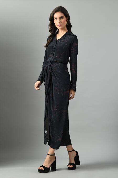 Fishcanfly_Black Crepe Printed Abstract Alice In Wondersea Pattern Draped Skirt _at_Aza_Fashions