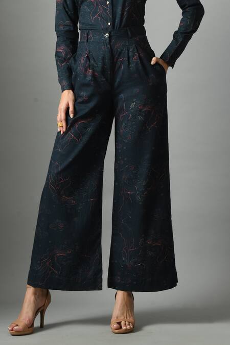 Fishcanfly_Blue Linen Printed Abstract Alice In Wondersea Pattern Flared Trouser _Online_at_Aza_Fashions