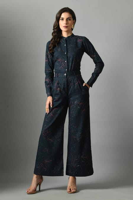 Buy_Fishcanfly_Blue Linen Printed Abstract Alice In Wondersea Pattern Flared Trouser _Online_at_Aza_Fashions