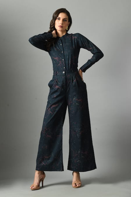 Shop_Fishcanfly_Blue Linen Printed Abstract Alice In Wondersea Pattern Flared Trouser _Online_at_Aza_Fashions