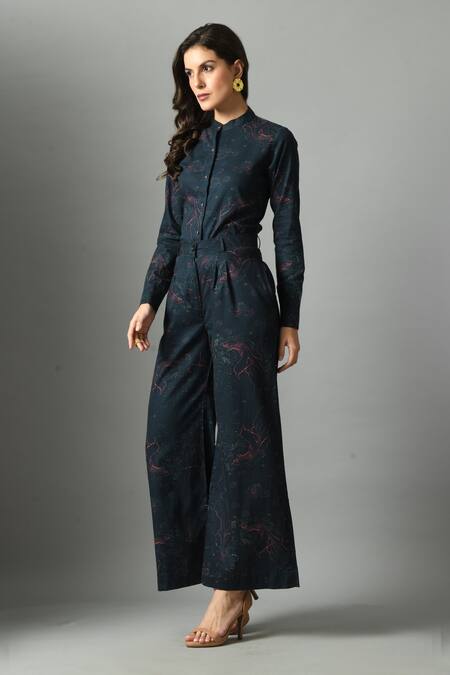 Fishcanfly_Blue Linen Printed Abstract Alice In Wondersea Pattern Flared Trouser _at_Aza_Fashions