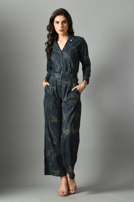 Buy_Fishcanfly_Blue Linen Printed Stripe Wondersea Wave Trouser _Online_at_Aza_Fashions
