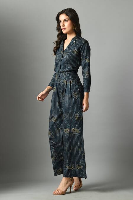 Shop_Fishcanfly_Blue Linen Printed Stripe Wondersea Wave Trouser _Online_at_Aza_Fashions