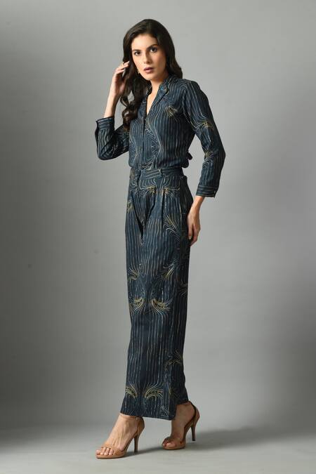 Fishcanfly_Blue Linen Printed Stripe Wondersea Wave Trouser _at_Aza_Fashions