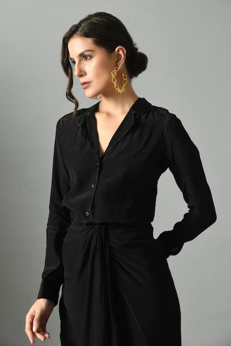 Fishcanfly_Black Crepe Zari Collared Moonshine Full Sleeve Shirt _Online_at_Aza_Fashions