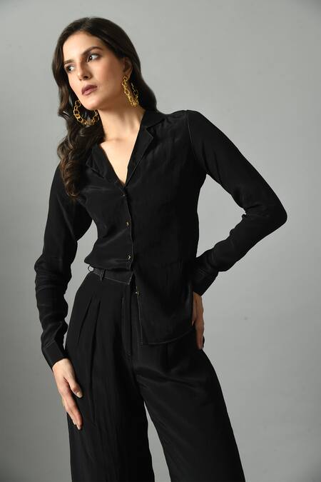 Buy_Fishcanfly_Black Crepe Zari Collared Moonshine Full Sleeve Shirt _Online_at_Aza_Fashions