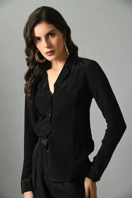 Shop_Fishcanfly_Black Crepe Zari Collared Moonshine Full Sleeve Shirt _Online_at_Aza_Fashions