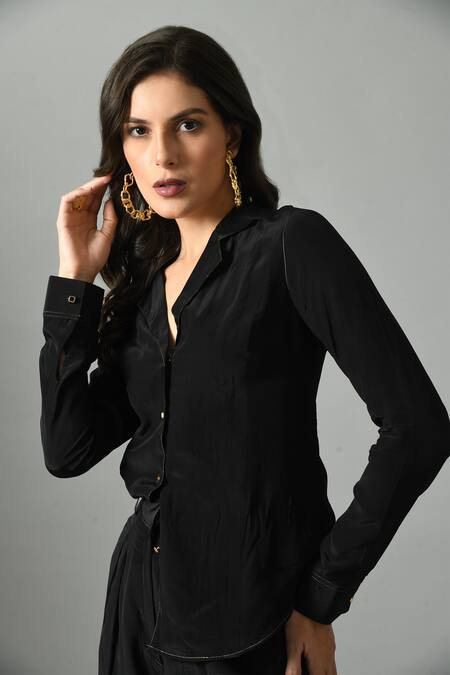 Fishcanfly_Black Crepe Zari Collared Moonshine Full Sleeve Shirt _at_Aza_Fashions