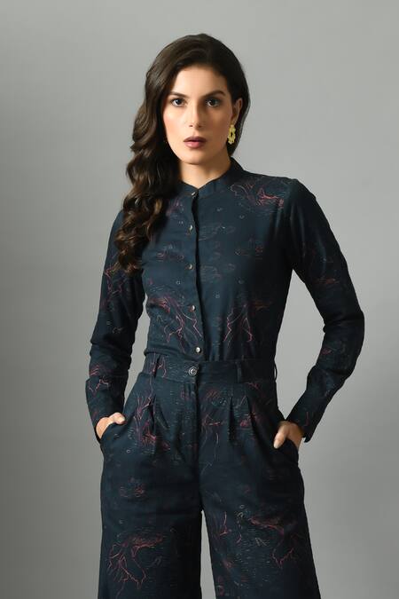 Fishcanfly Blue Linen Printed Floral Mandarin Collar Alice In Wondersea Shirt at Aza Fashions Fishcanfly_Blue Linen Printed Floral Mandarin Collar Alice In Wondersea Shirt _at_Aza_Fashions