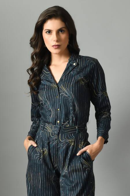 Fishcanfly_Blue Crepe Printed Wave Collar Wondersea Shirt _Online_at_Aza_Fashions