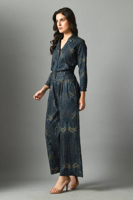 Buy_Fishcanfly_Blue Crepe Printed Wave Collar Wondersea Shirt _Online_at_Aza_Fashions