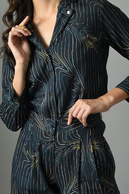 Shop_Fishcanfly_Blue Crepe Printed Wave Collar Wondersea Shirt _Online_at_Aza_Fashions