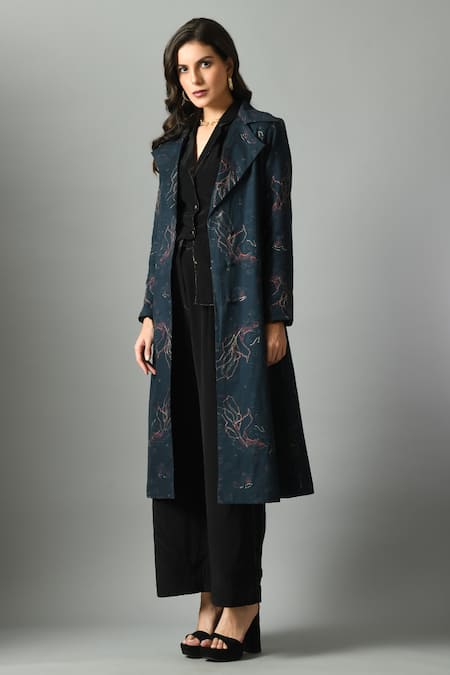 Fishcanfly Blue Linen Printed Floral Notched Lapel Collar Alice In Wondersea Trench Jacket 