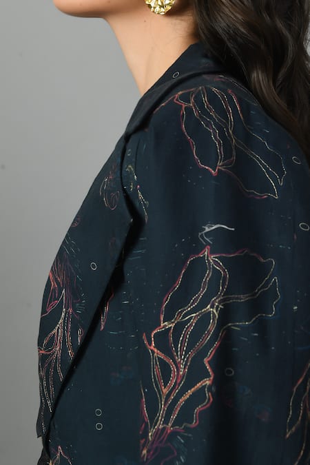 Fishcanfly_Blue Linen Embroidery, Zari Collared Alice In Wondersea Printed Trench Jacket _Online_at_Aza_Fashions