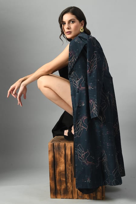 Buy_Fishcanfly_Blue Linen Embroidery, Zari Collared Alice In Wondersea Printed Trench Jacket _Online_at_Aza_Fashions