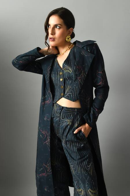Fishcanfly Blue Linen Embroidery, Zari Collared Alice In Wondersea Printed Trench Jacket at Aza Fashions Fishcanfly_Blue Linen Embroidery, Zari Collared Alice In Wondersea Printed Trench Jacket _at_Aza_Fashions