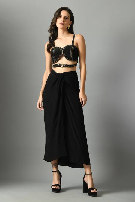 Fishcanfly_Black Crepe Silk Embroidery Zari Nylah Bustier And Moonshine Draped Skirt Set _at_Aza_Fashions