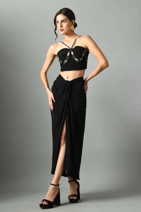 Buy_Fishcanfly_Black Crepe Silk Embroidery Zari Nur Bustier And Moonshine Draped Skirt Set _Online_at_Aza_Fashions