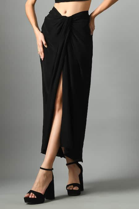 Shop_Fishcanfly_Black Crepe Silk Embroidery Zari Nur Bustier And Moonshine Draped Skirt Set _Online_at_Aza_Fashions