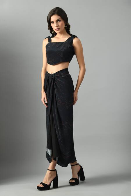 Shop_Fishcanfly_Black Crepe Silk Printed Abstract Alice In Wondersea Bustier And Draped Skirt Set _Online_at_Aza_Fashions