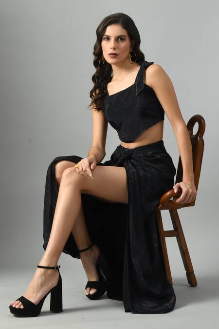 Fishcanfly_Black Crepe Silk Printed Abstract Alice In Wondersea Bustier And Draped Skirt Set _at_Aza_Fashions