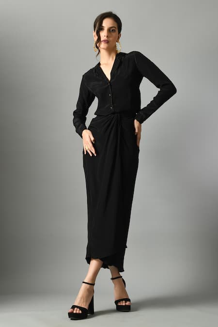 Fishcanfly_Black Linen Plain Collar Moonshine Shirt And Draped Skirt Set _Online_at_Aza_Fashions