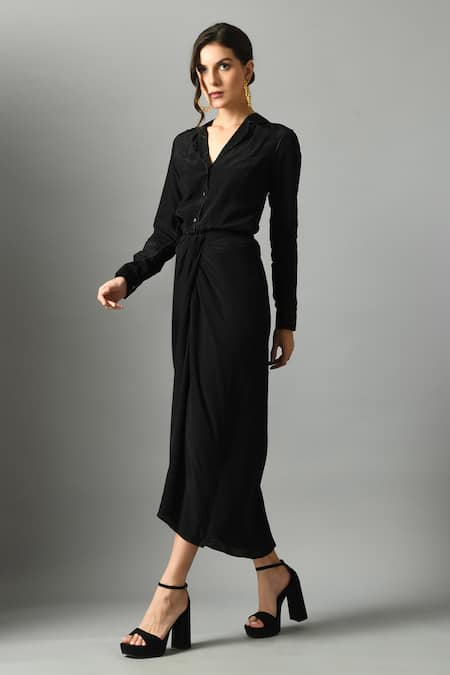 Shop_Fishcanfly_Black Linen Plain Collar Moonshine Shirt And Draped Skirt Set _Online_at_Aza_Fashions