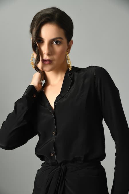 Fishcanfly_Black Linen Plain Collar Moonshine Shirt And Draped Skirt Set _at_Aza_Fashions