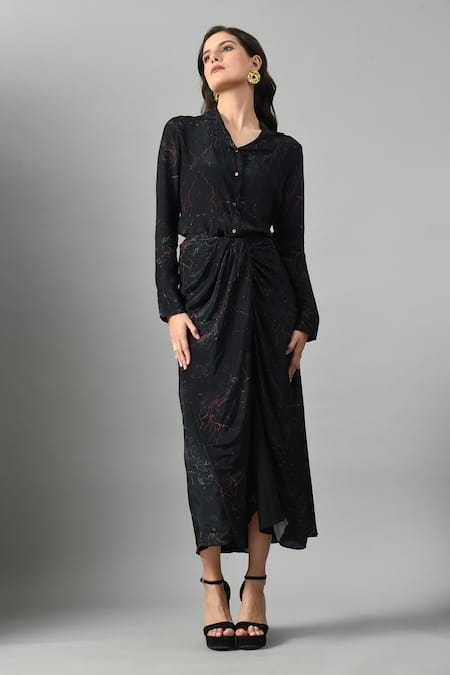 Fishcanfly Black Crepe Silk Printed Floral Alice In Wondersea Shirt And Draped Skirt Set 