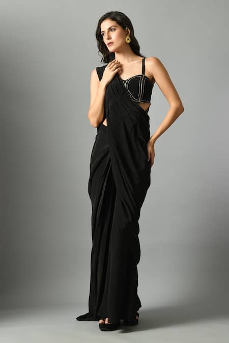 Fishcanfly Black Crepe Silk Embroidery Zari Moonshine Pre-draped Saree With Nylah Bustier 