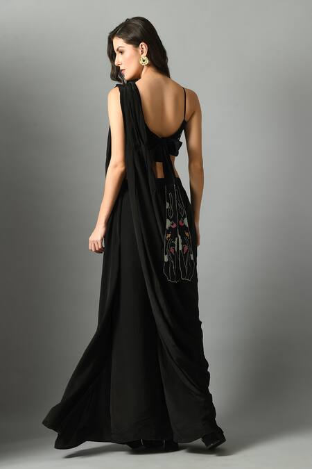 Fishcanfly_Black Crepe, Silk Zari Moonshine Pre-draped Saree With Nur Embroidered Bustier _Online_at_Aza_Fashions