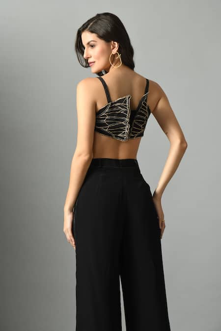 Fishcanfly_Black Crepe Silk Embroidery Zari Thread Sweetheart Nylah Bustier And Trouser Set _Online_at_Aza_Fashions
