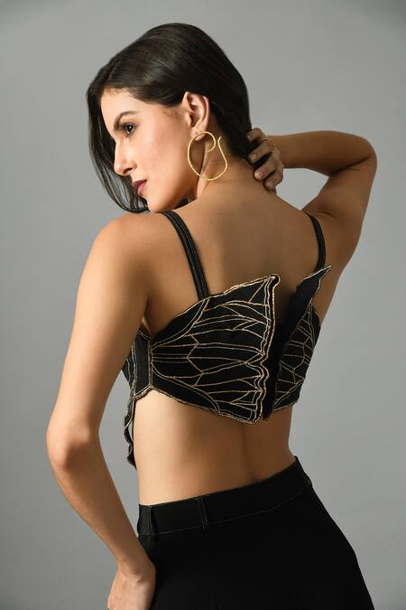 Buy_Fishcanfly_Black Crepe Silk Embroidery Zari Thread Sweetheart Nylah Bustier And Trouser Set _Online_at_Aza_Fashions