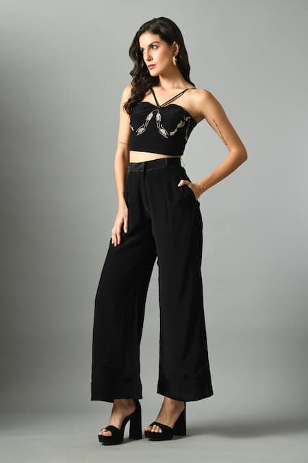 Fishcanfly Black Crepe Silk Embroidery Zari Thread Nur Bustier And Moonshine Trouser Set