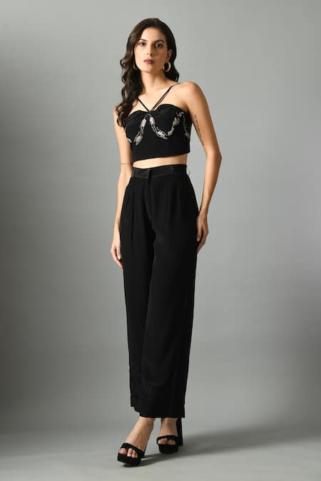 Fishcanfly_Black Crepe Silk Embroidery Zari Thread Nur Bustier And Moonshine Trouser Set _Online_at_Aza_Fashions
