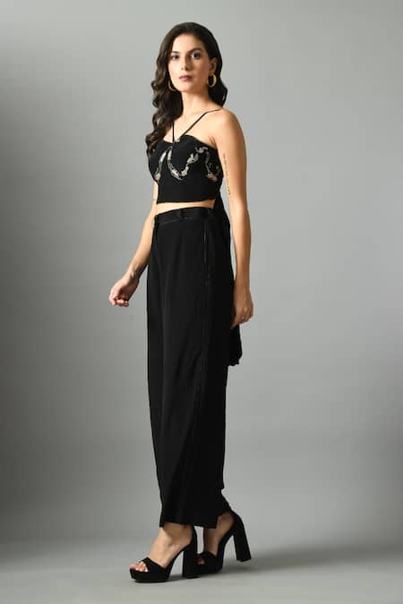 Buy_Fishcanfly_Black Crepe Silk Embroidery Zari Thread Nur Bustier And Moonshine Trouser Set _Online_at_Aza_Fashions