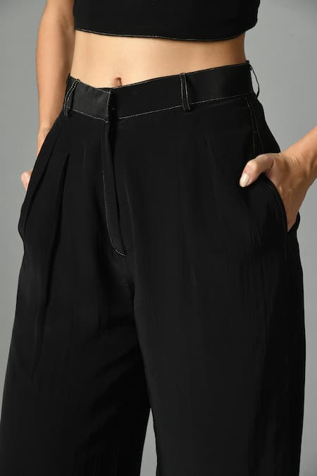 Shop_Fishcanfly_Black Crepe Silk Embroidery Zari Thread Nur Bustier And Moonshine Trouser Set _Online_at_Aza_Fashions