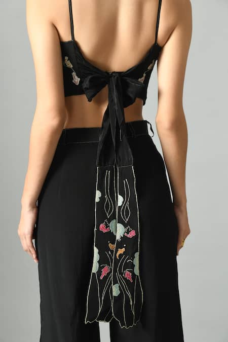 Fishcanfly_Black Crepe Silk Embroidery Zari Thread Nur Bustier And Moonshine Trouser Set _at_Aza_Fashions