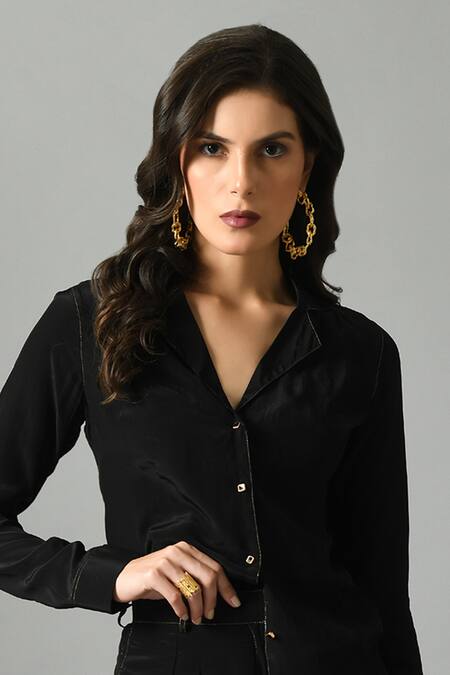 Fishcanfly Black Crepe Silk Embroidery Zari Moonshine Full Sleeve Shirt And Trouser Set Online at Aza Fashions Fishcanfly_Black Crepe Silk Embroidery Zari Moonshine Full Sleeve Shirt And Trouser Set _Online_at_Aza_Fashions