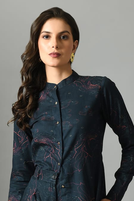 Fishcanfly_Blue Linen Printed Floral Band Collar Alice In Wondersea Shirt And Trouser Set _Online_at_Aza_Fashions