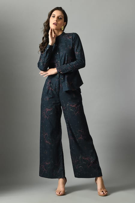 Buy_Fishcanfly_Blue Linen Printed Floral Band Collar Alice In Wondersea Shirt And Trouser Set _Online_at_Aza_Fashions